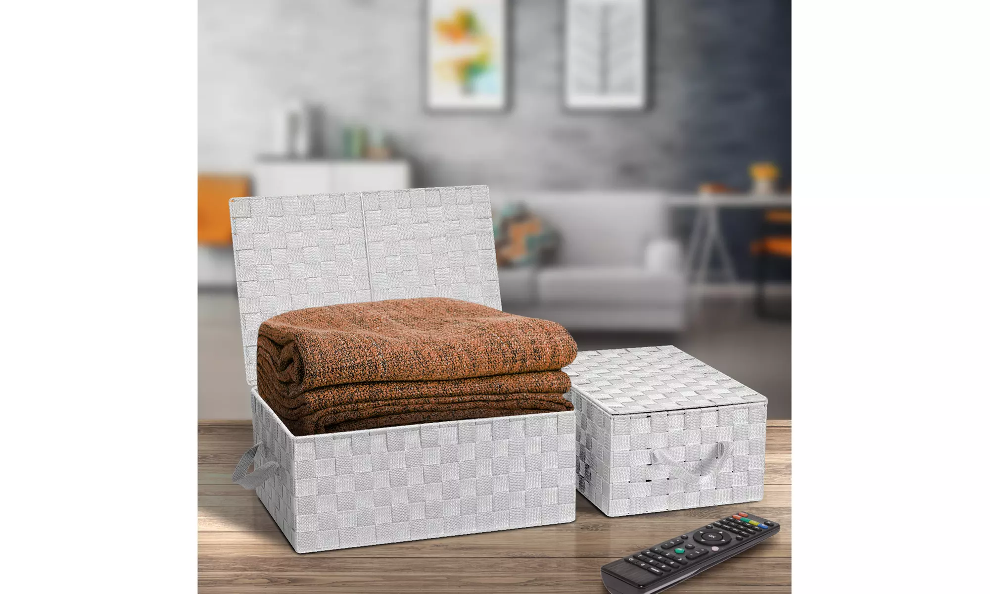 3-Pack Storage Box w/ Lid for Closet & Shelves - Woven Fabric Basket Organizer