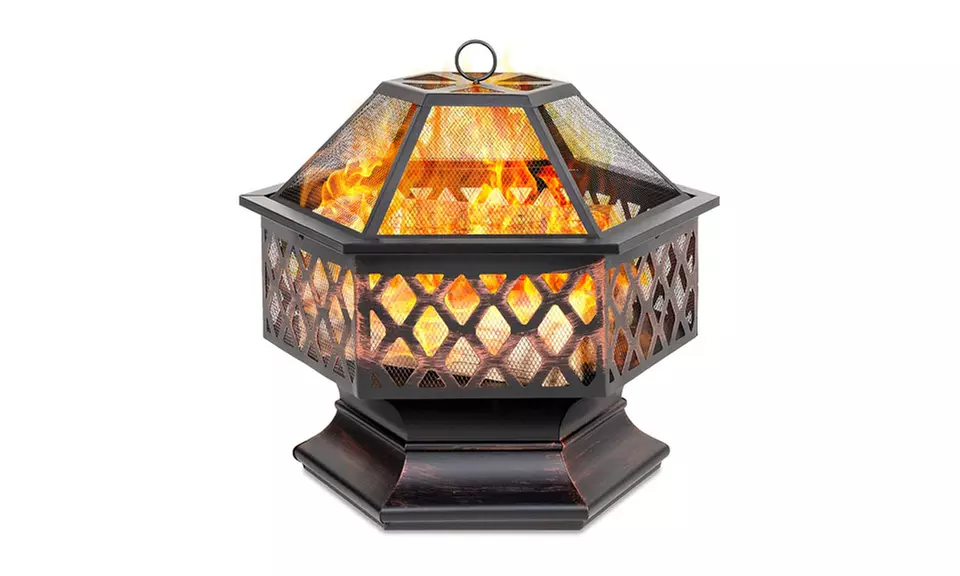 Hex-Shaped 24in Steel Fire Pit w/Flame-Retardant Mesh Lid - Primary Image