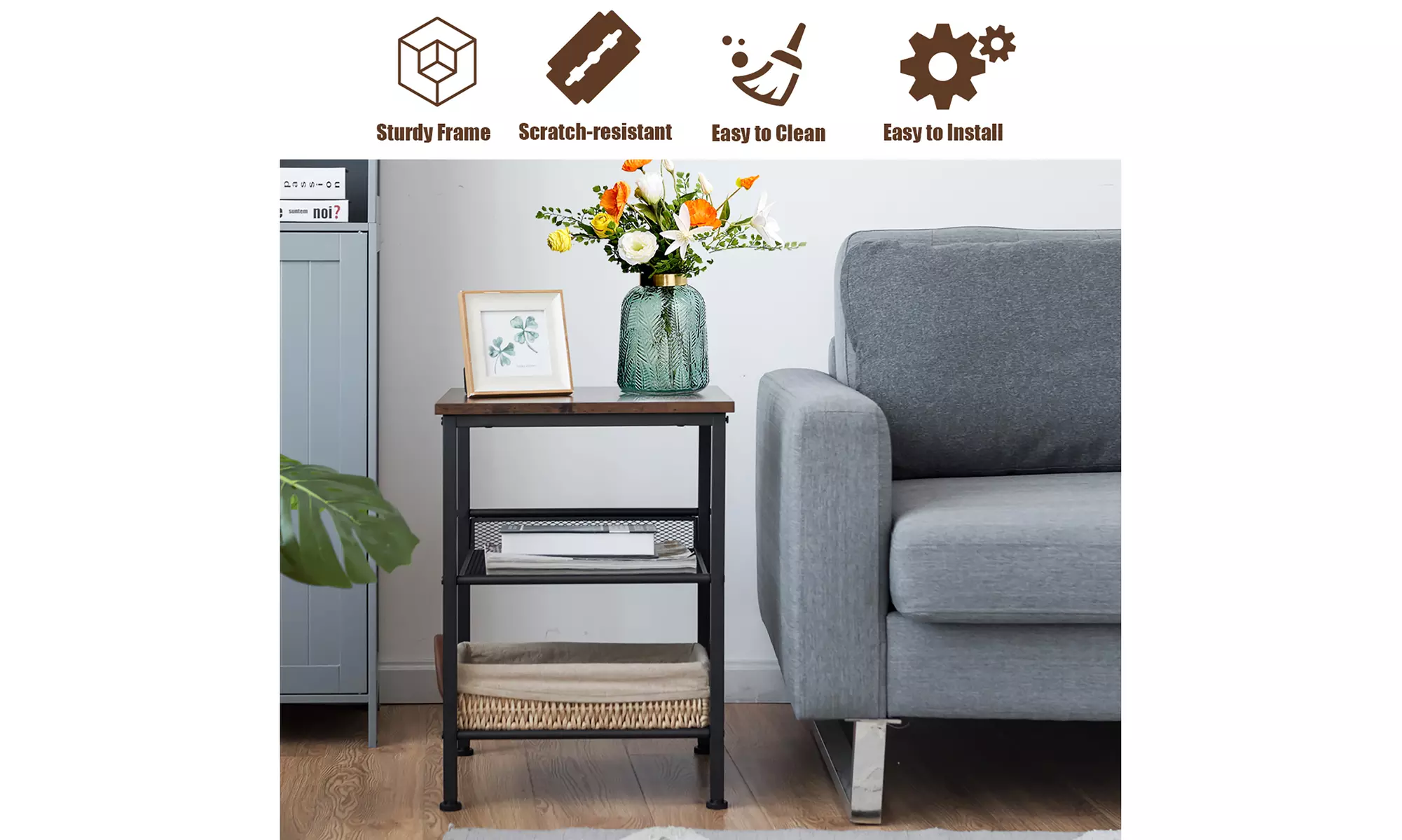 3-Tier Industrial End Side Table Nightstand W/2 Adjustable Shelves Rustic Brown - Second Medium