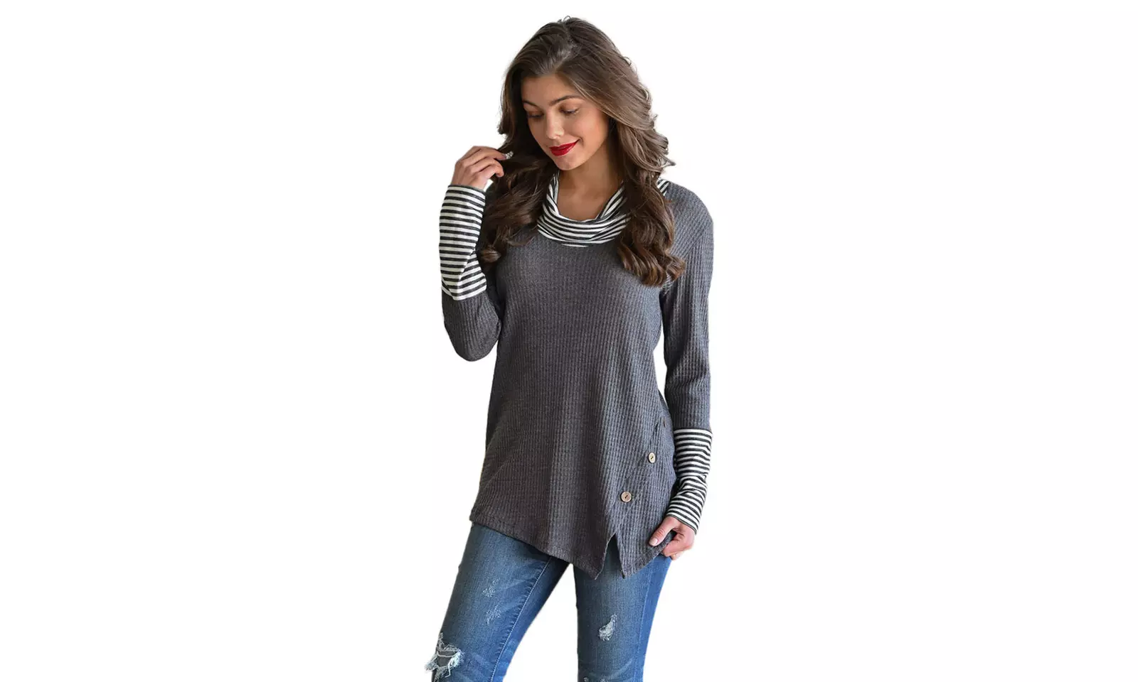 Women's Gray/Black/Red Striped Neck Cuffs Asymmetric Waffle Top - Primary Image