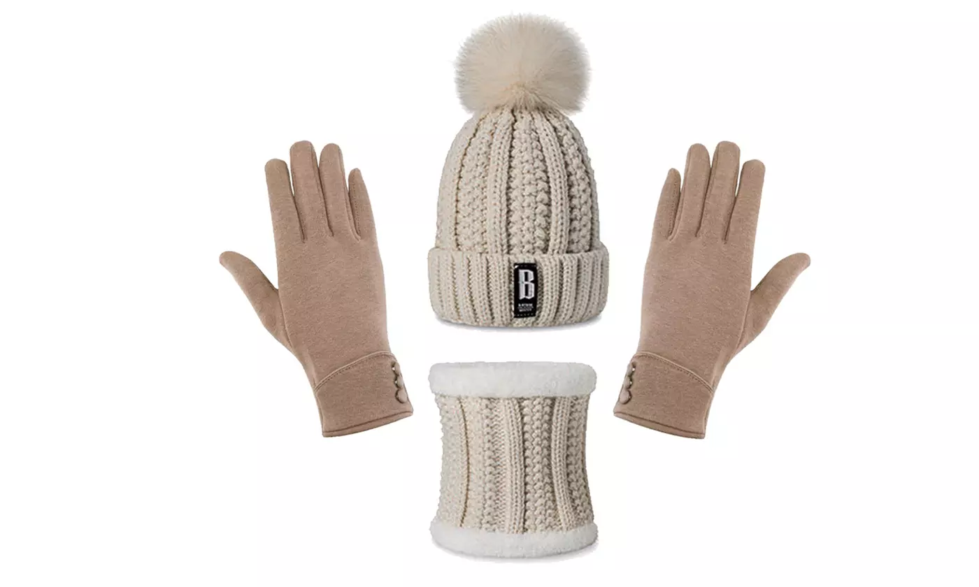 3-Piece Knit Winter Hat, Neck Warmer, and Gloves Set