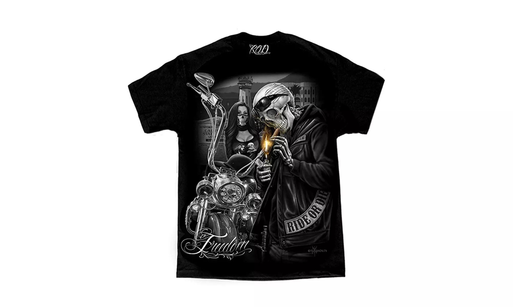 Men's David Gonzales Art DGA Freedom Prison Tower Ride Or Die Motorcycle T Shirt - Primary Image