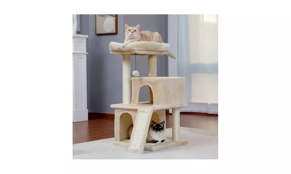 34 Inches Cat Tower with Double Condos, Spacious Perch Gray
