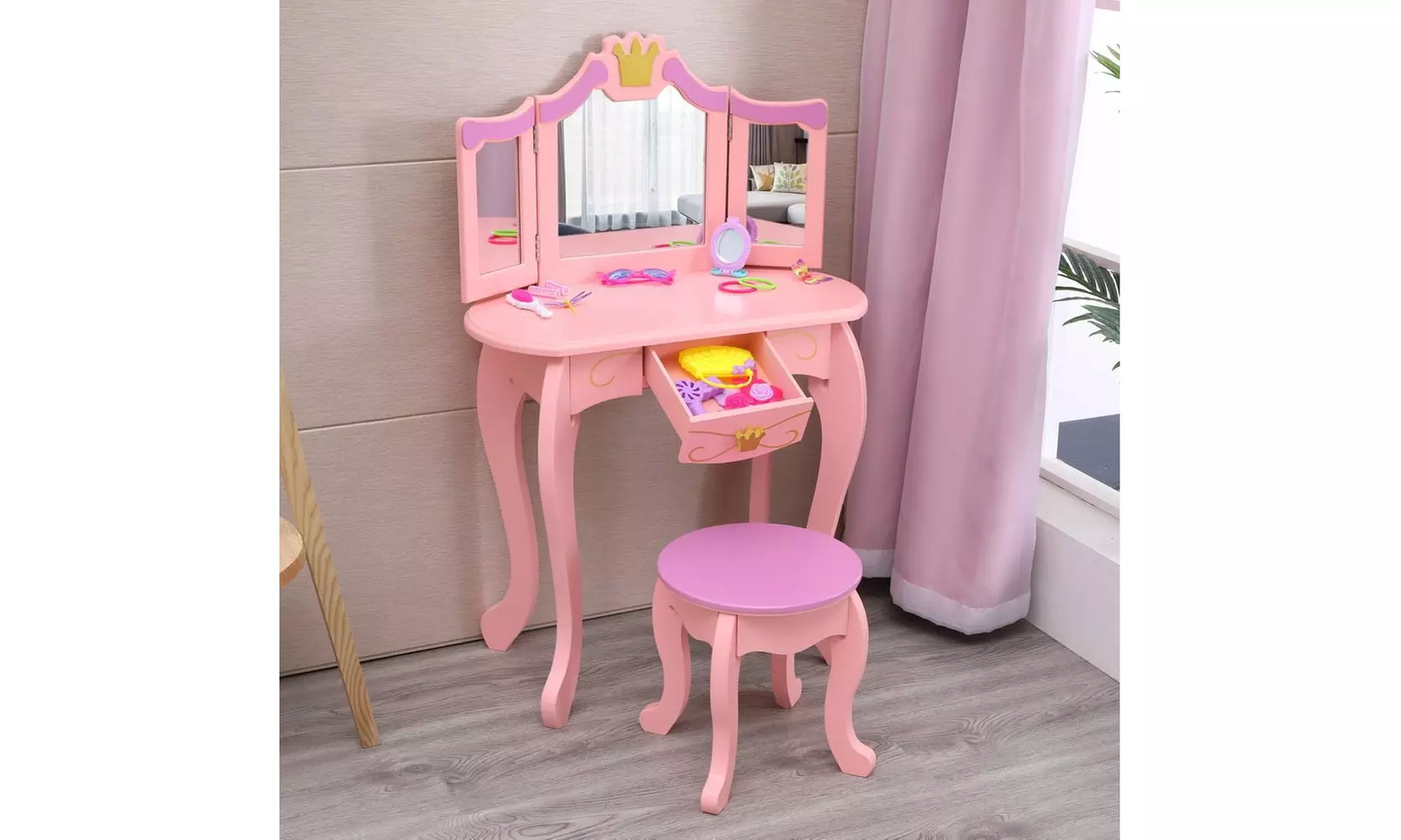 Kids Wooden Vanity Table & Stool Set, Princess Makeup Dressing Table - Primary Image