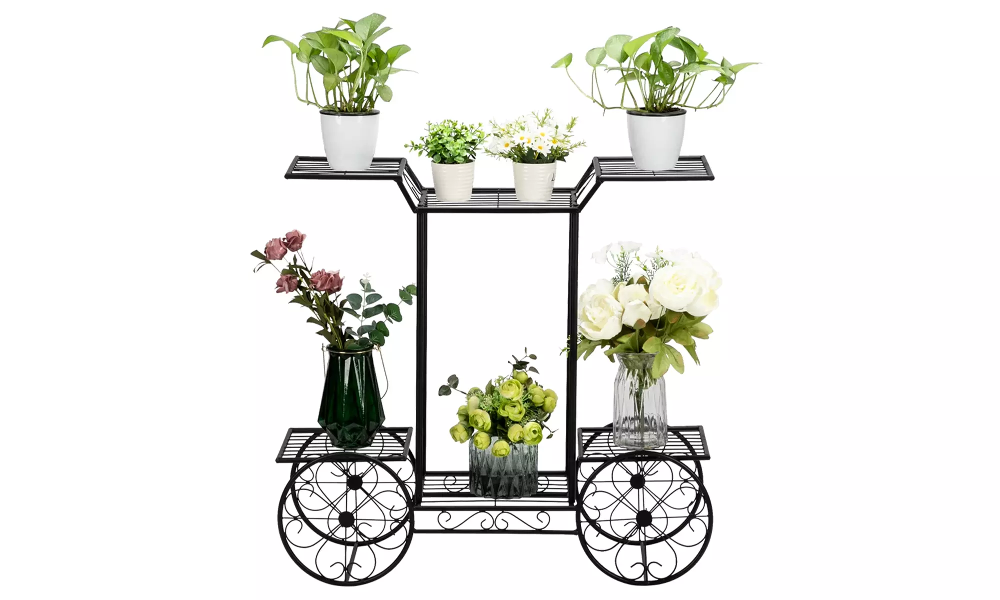 Metal Indoor Plant Stand, Multiple Tiered Plant Cart with Decorative Wheels - Primary Image