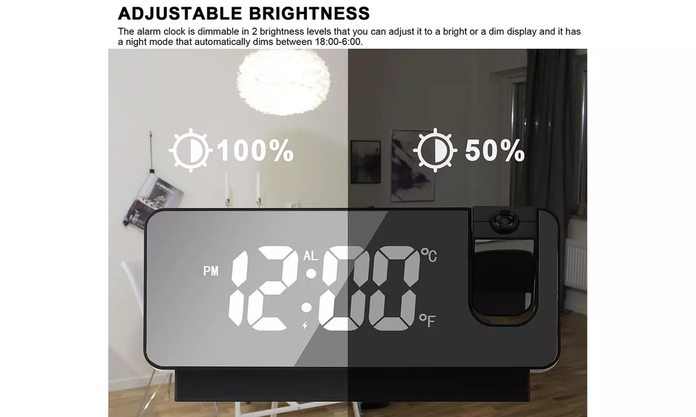 Digital Projection Alarm Clock Thermometer Dimmer USB Charger Dual Alarm Clocks