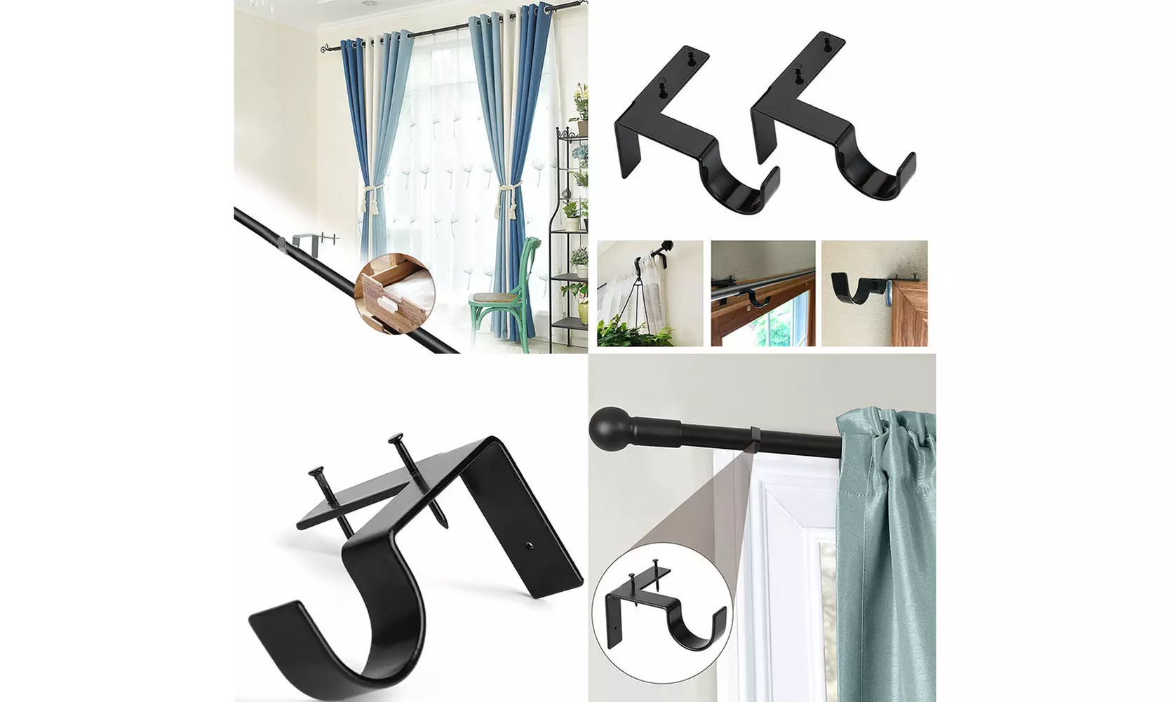US 6-12 Pc Curtain Pole Bracket No Drill Curtain Rod Holder Wooden Window Frame