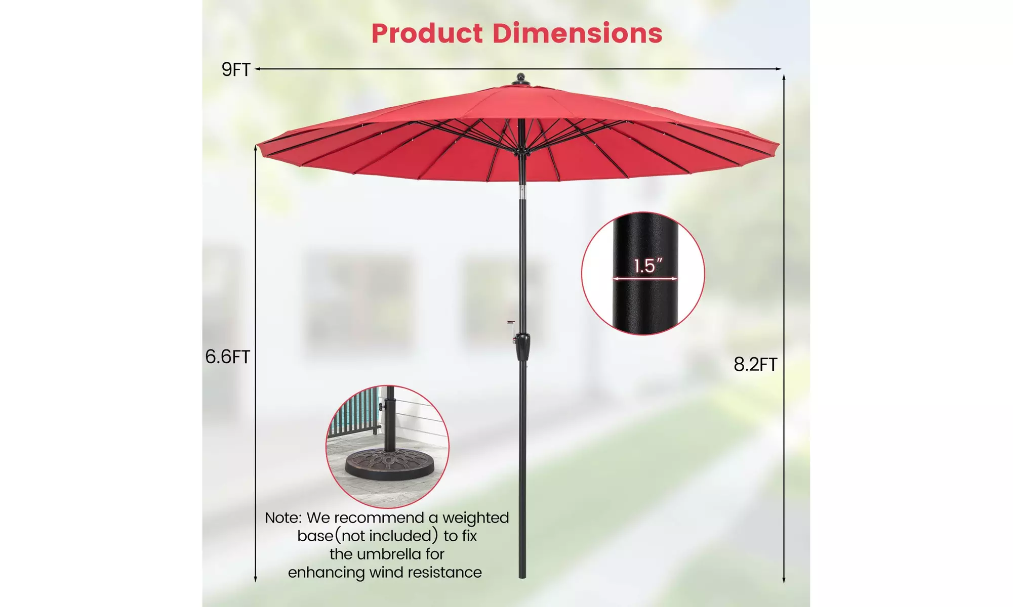 Costway 9 FT Round Patio Umbrella with Push Button Tilt & Crank Handle