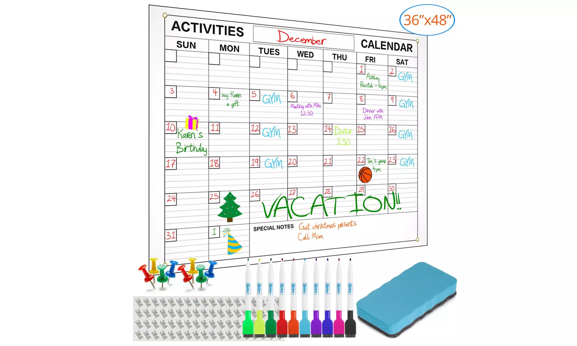 3-Pack Dry Erase Wall Calendar with 10 Markers / Eraser / Thumbtacks - 36" X 48" - Primary Image