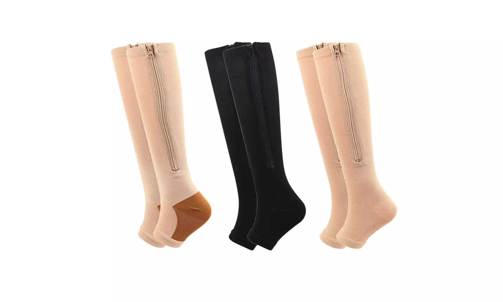 US 3 Pair Zipper Pressure Compression Sock Pain Relief Toeless Calf Leg Stocking