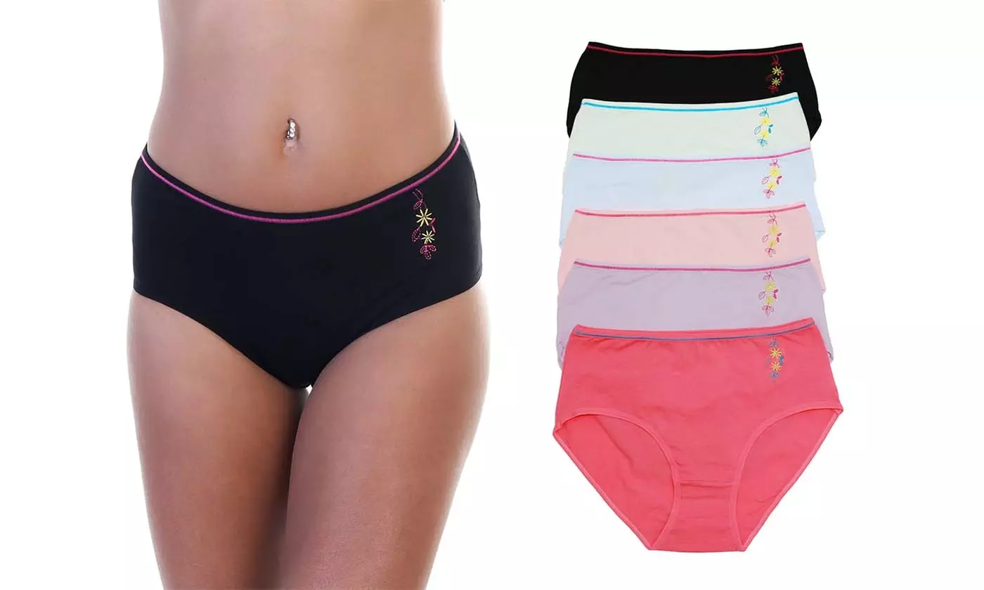 Angelina Women's Cotton Mid-Rise Briefs with Embroidered Flower Design (6-Pack) - Primary Image