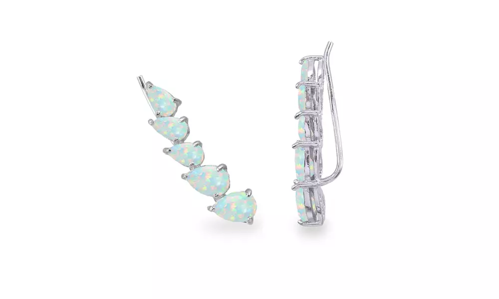Opal Teardrop Curved Climber Crawler Earrings in 925 Sterling Silver - Second Medium