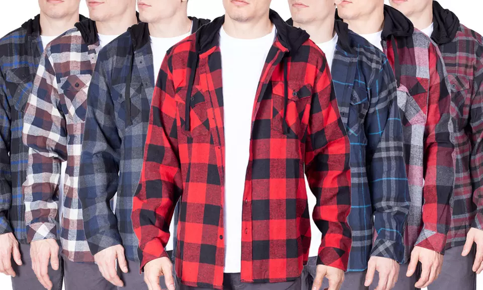 Mens Flannel Hoodie Shirt Long Sleeve Button Down Up Plaid Woven Shirts - Primary Image