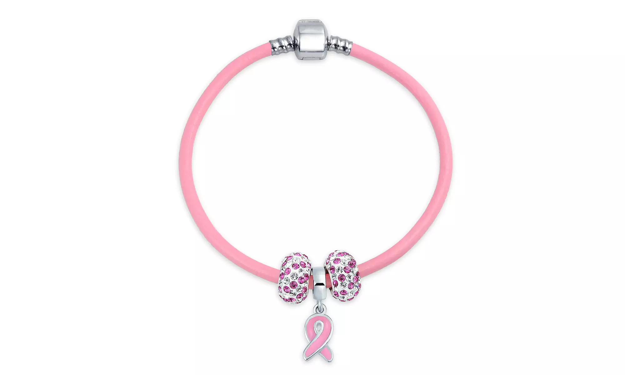 Breast Cancer Survivor Pink Ribbon Crystal Charm Pink Leather Bracelet - Second Medium