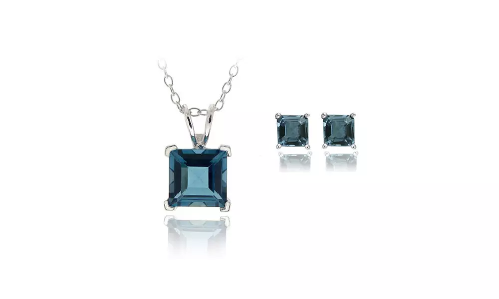 3.65ct London Blue Topaz Square Solitaire Pendant & Stud Earring Set