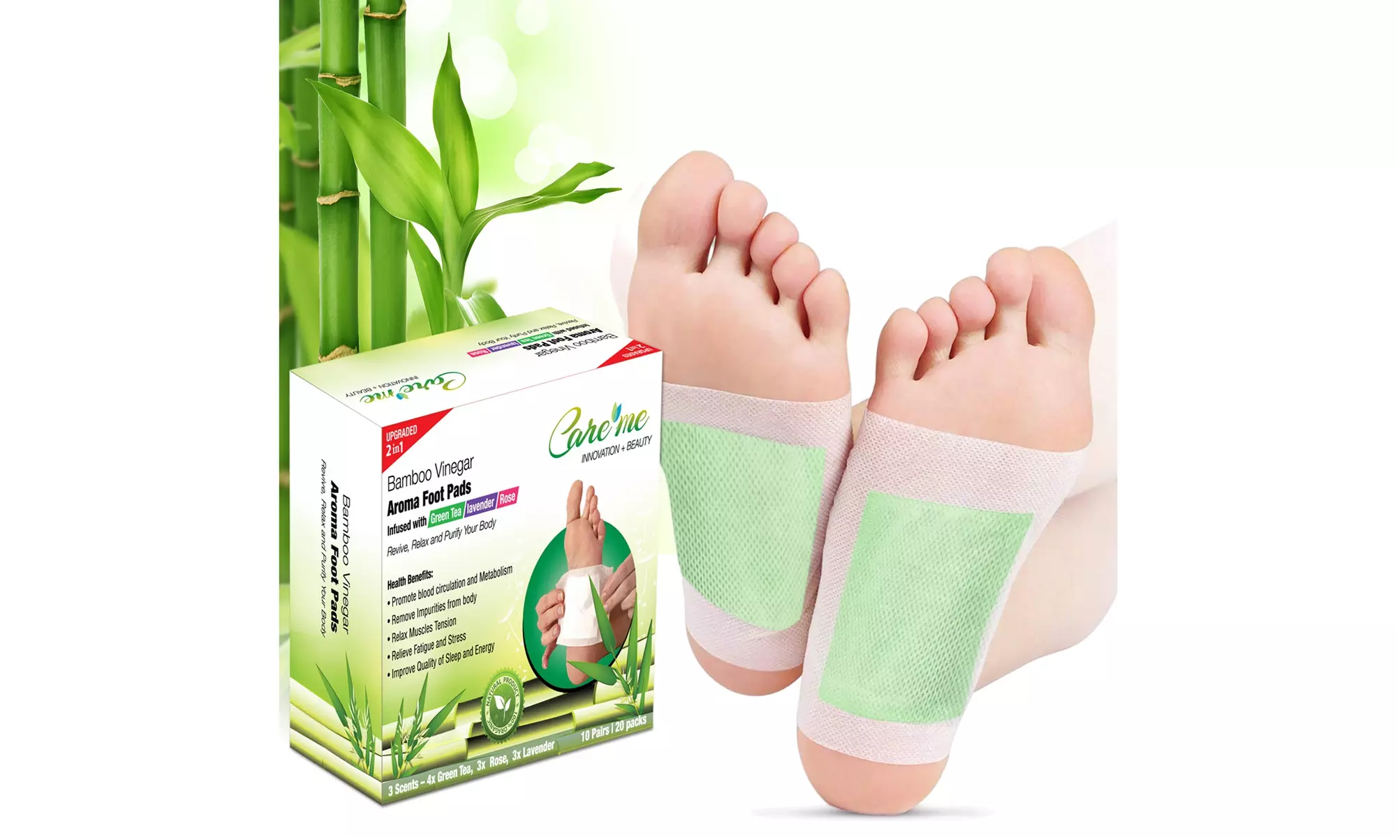 2-in-1 Aroma Detox Foot Patches-20 Pads in 3 Scents-Green Tea, Rose, Lavender - Primary Image