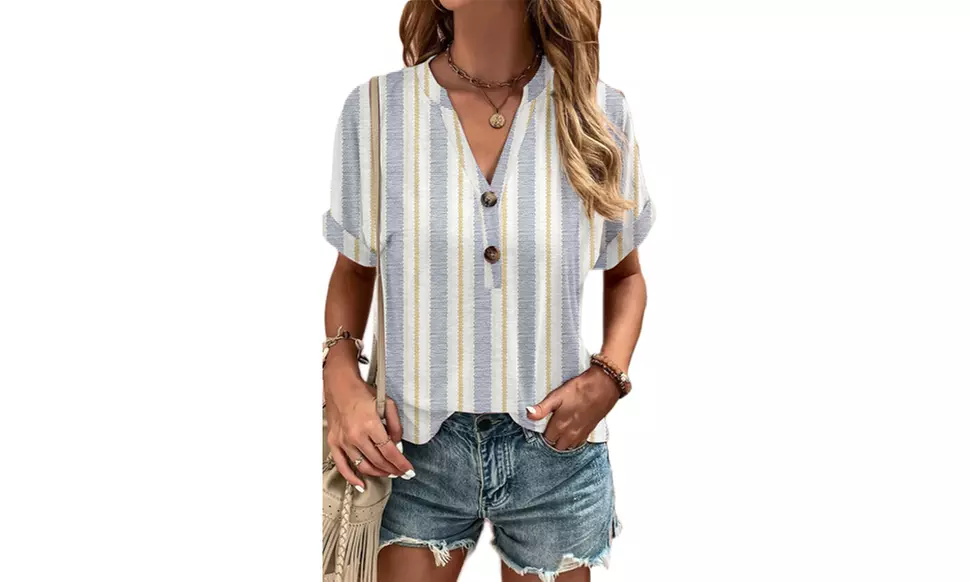 Women Short Sleeve V Neck Button Tops Blouses Trendy Printed Shirts Tunic