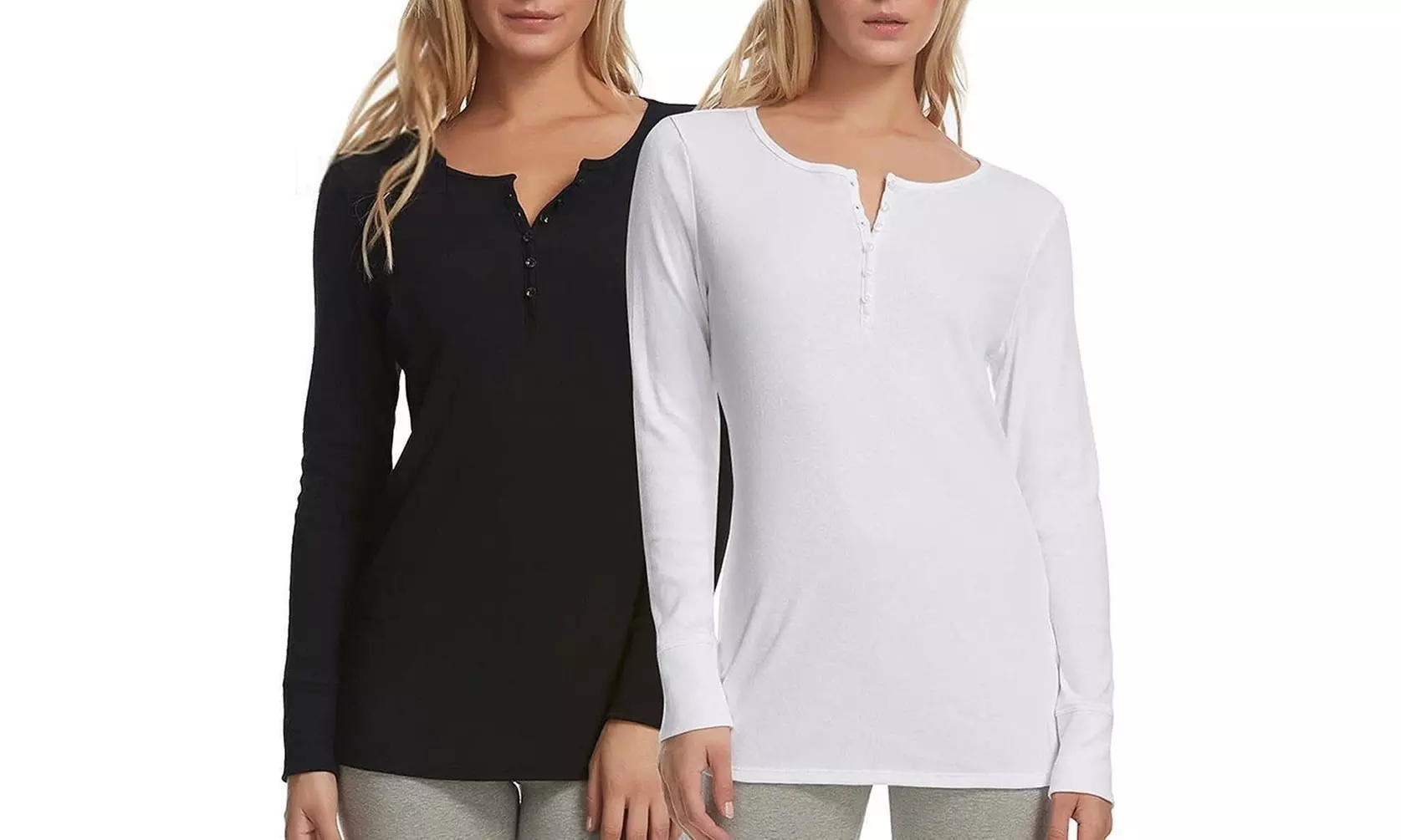 Felina Rib-Knit Long Sleeve Henley Tee 2PK Black/White size L 10-12 Womens Shirt - Primary Image