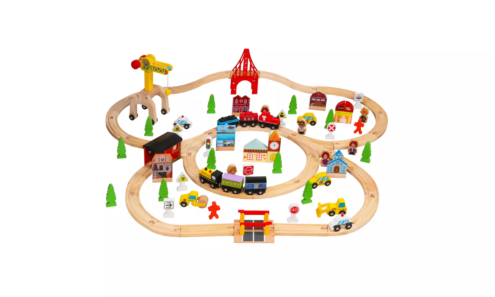 Wooden Train Set - 100 pcs Railway Tracks & Accessories, Magnetic Trains Cars - Primary Image