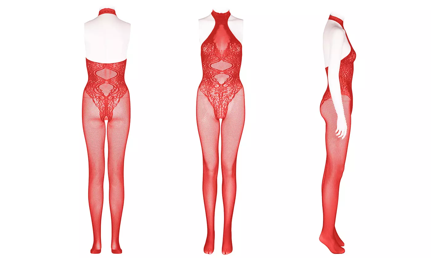 Leg Avenue Women's Seamless Fishnet Floral Lace Hourglass Halter Bodystocking - Second Medium