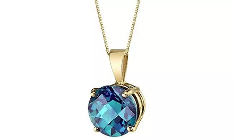 14k yellow Gold Plated 3 Ct Round Alexandrite 18 Inch Necklace.