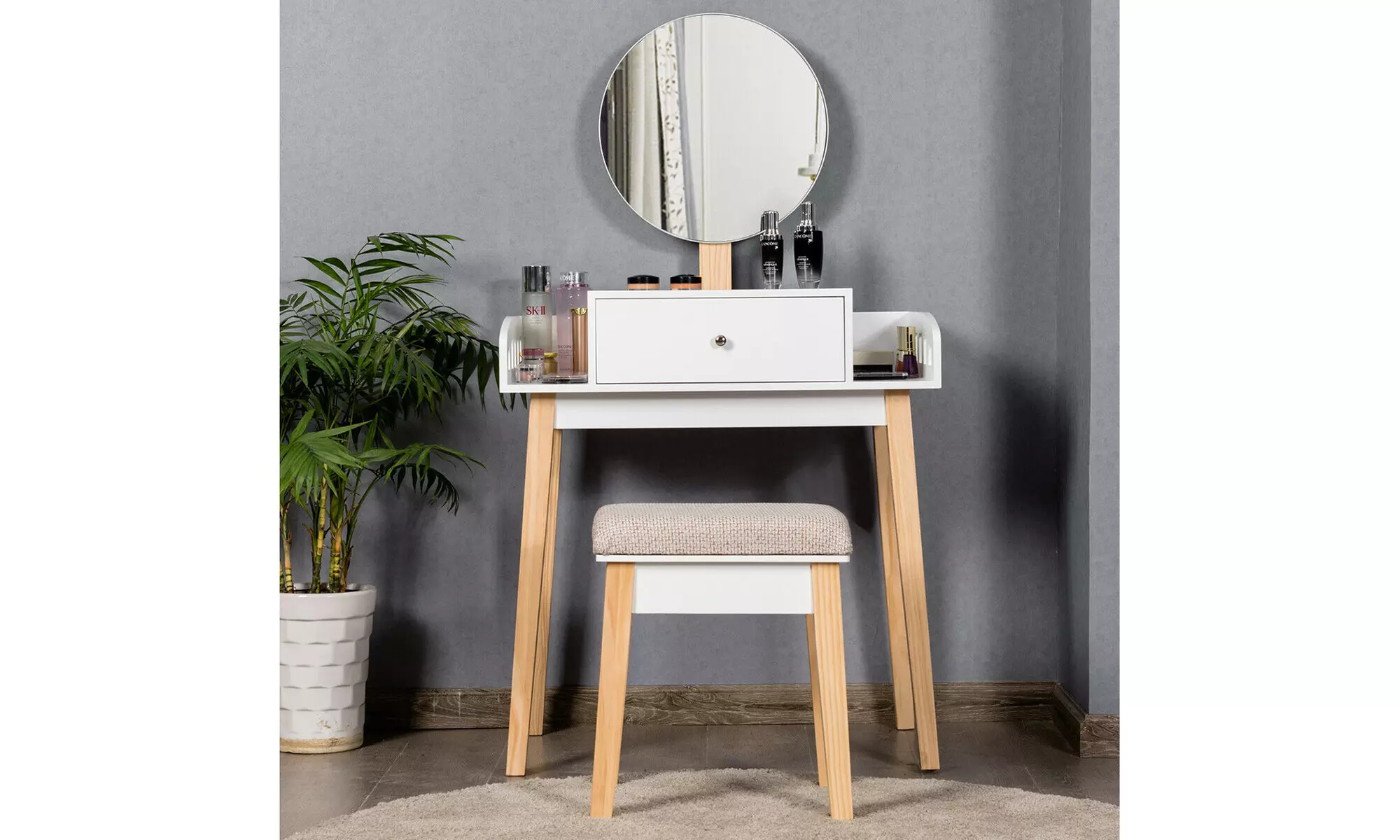 Costway Vanity Makeup Dressing Table Stool Set w/ Round Mirror - Primary Image