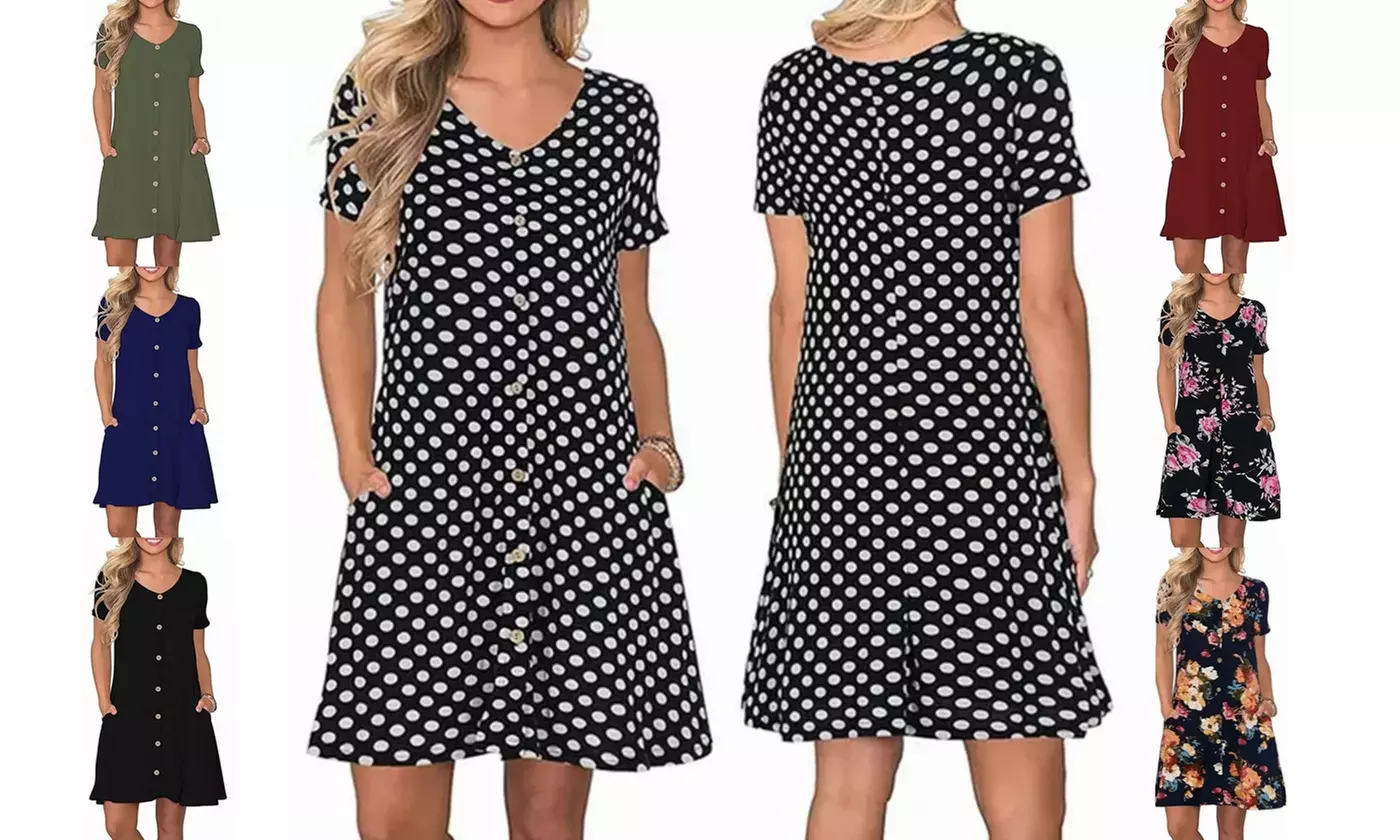 Women's Short Sleeve Button Down Swing Dress with Pockets  - Primary Image