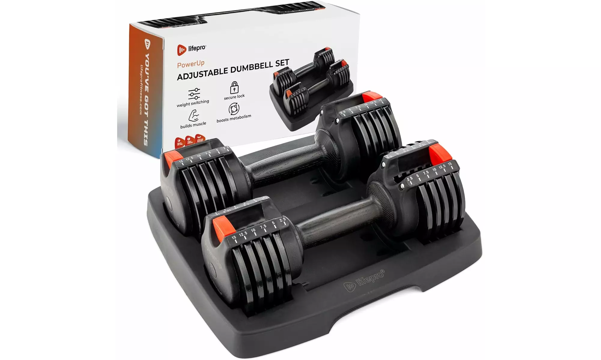 Lifepro PowerFlow Adjustable Dumbbells 15-90lb 6in1 for Home Gym Workout  - Primary Image
