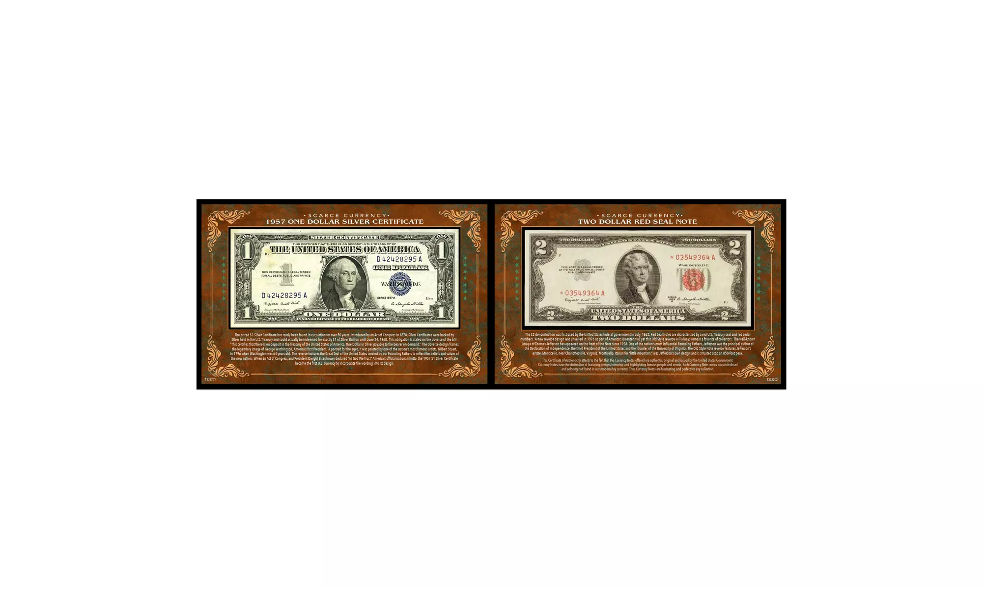 One Dollar Silver Certificate and Two Dollar Red Seal Note U.S. Currency - Primary Image