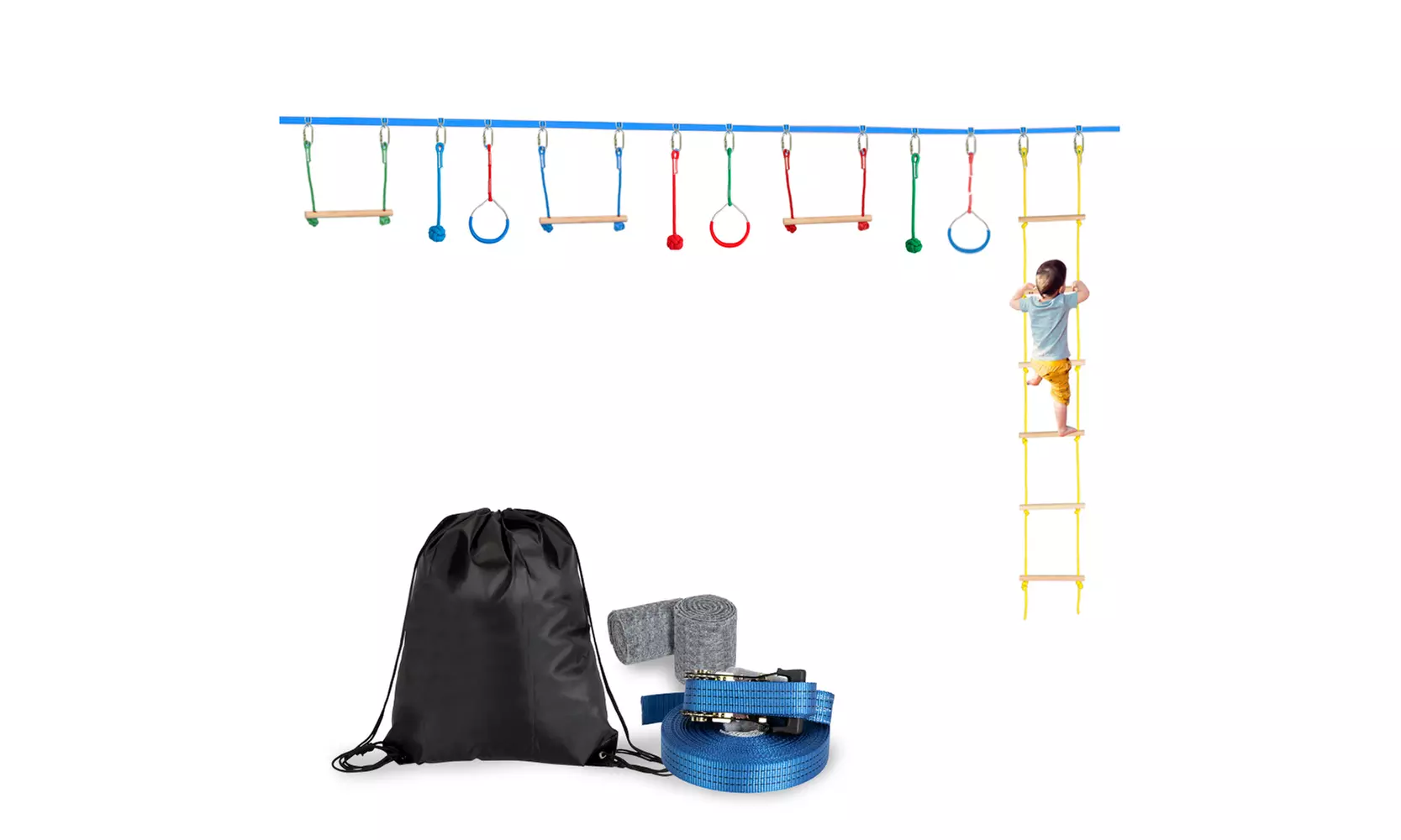 Slack Line Bar Kit Outdoor Tree Hanging Obstacles Line Accessories Play Set,Blue - Primary Image