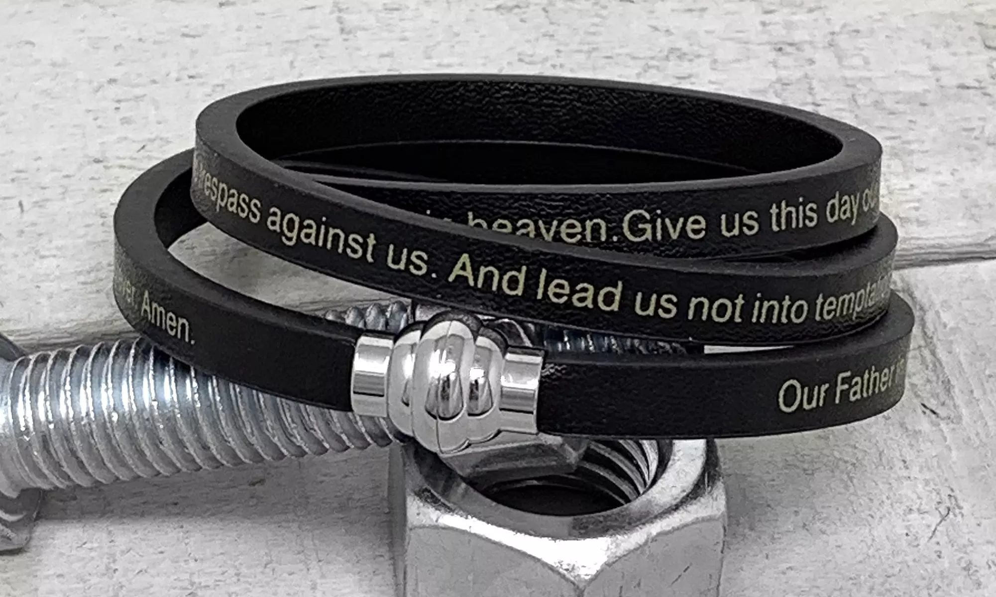 Stainless Steel Lord's Prayer Black Leather Wrap Bracelet - Primary Image