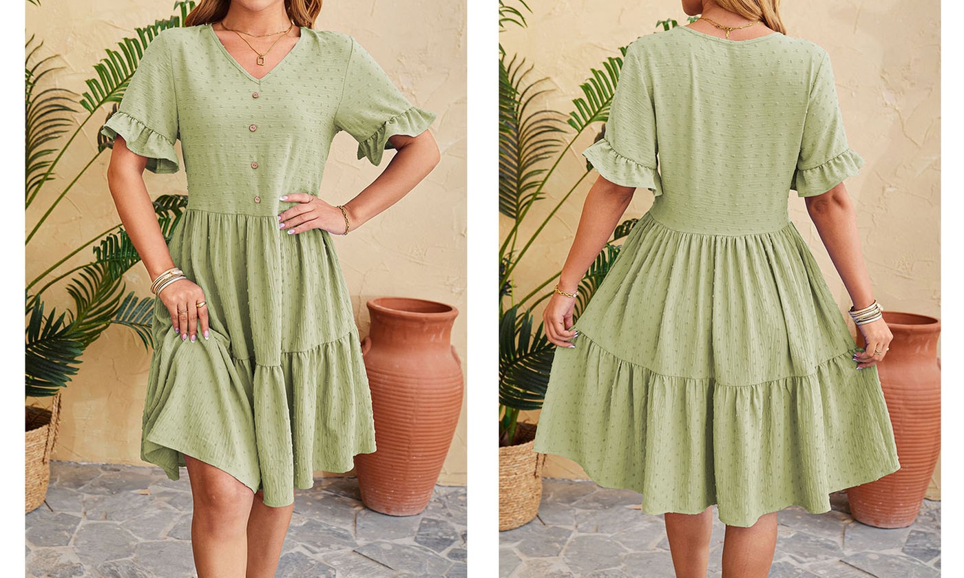 Womens V Neck Short Sleeve Swiss Dot Ruffle Hem Summer Dress 