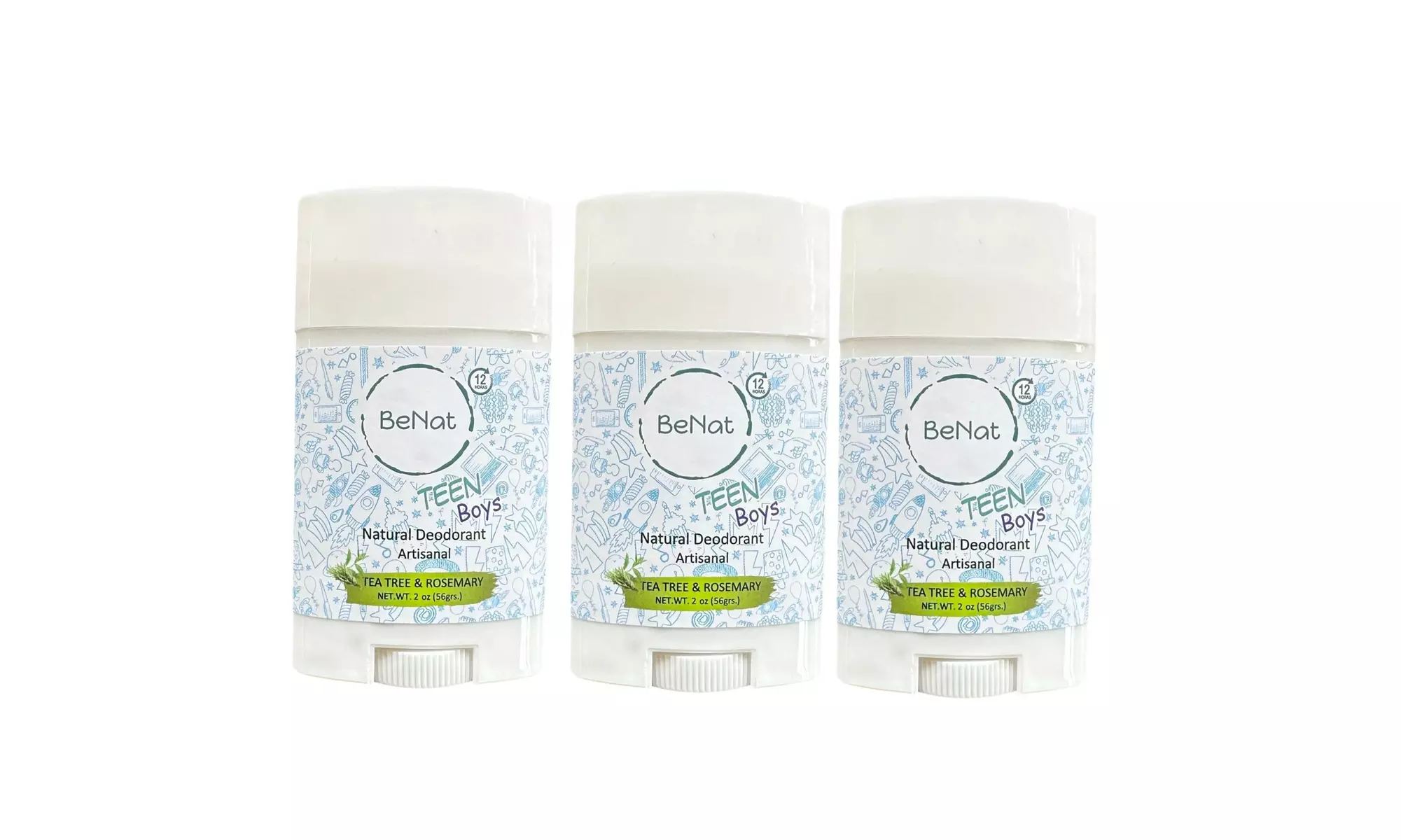 BeNat All-Natural Deodorant for Kids and Teens - 3 Pack or 6 Pack