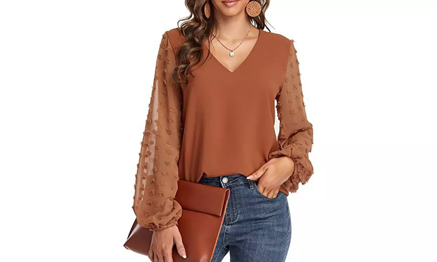 Women Lantern Sleeve V Neck Chiffon Blouses Casual Work Shirts