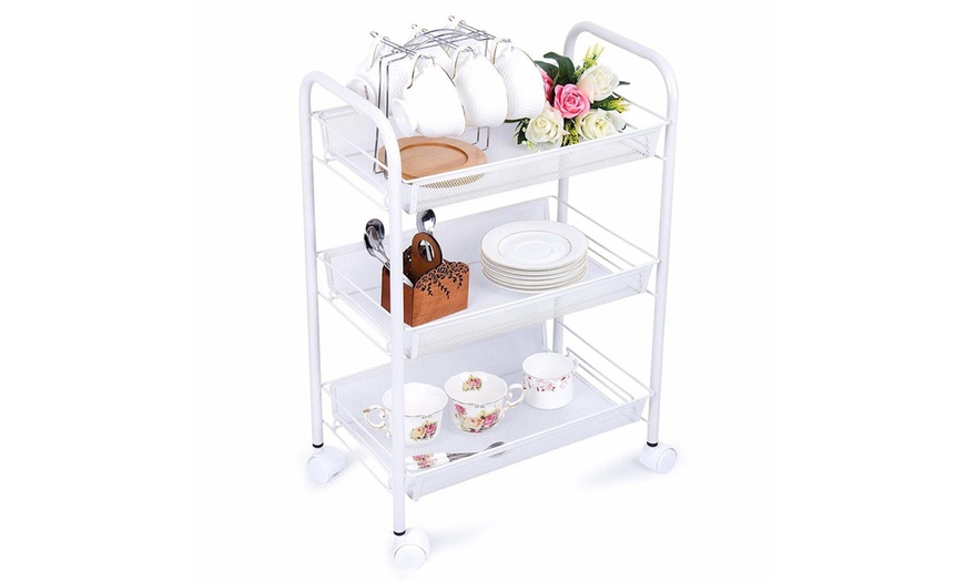 3-Tier White Wire Mesh Rolling Cart Moving Storage Rack with Casters ...