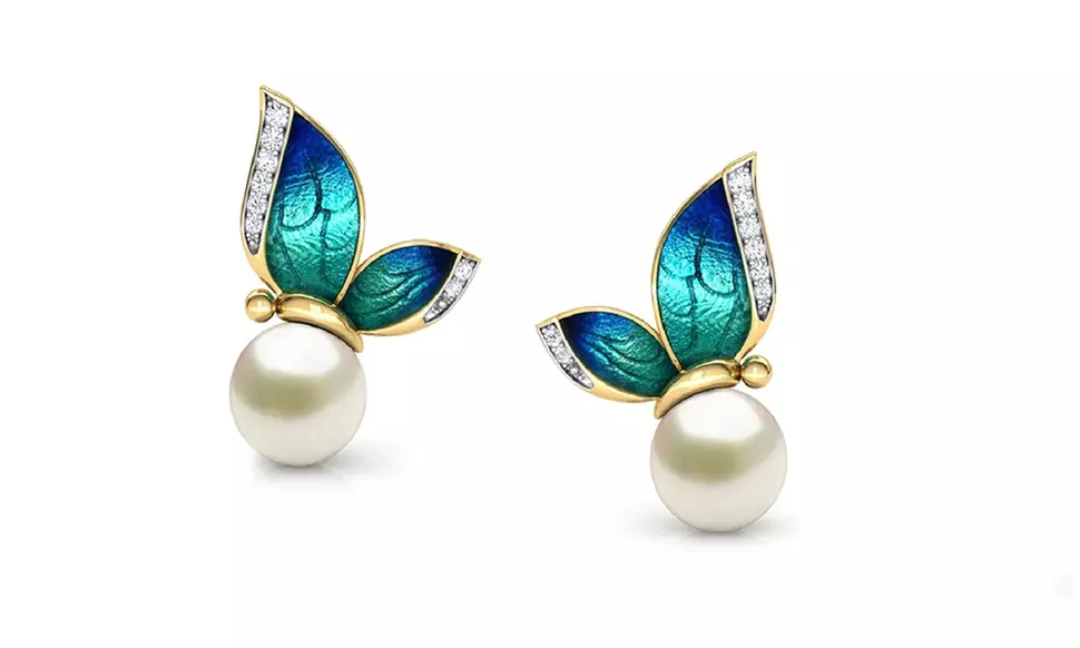 18K Gold Plated Faux Pearl and Crystal Butterfly Stud Earring or Ring
