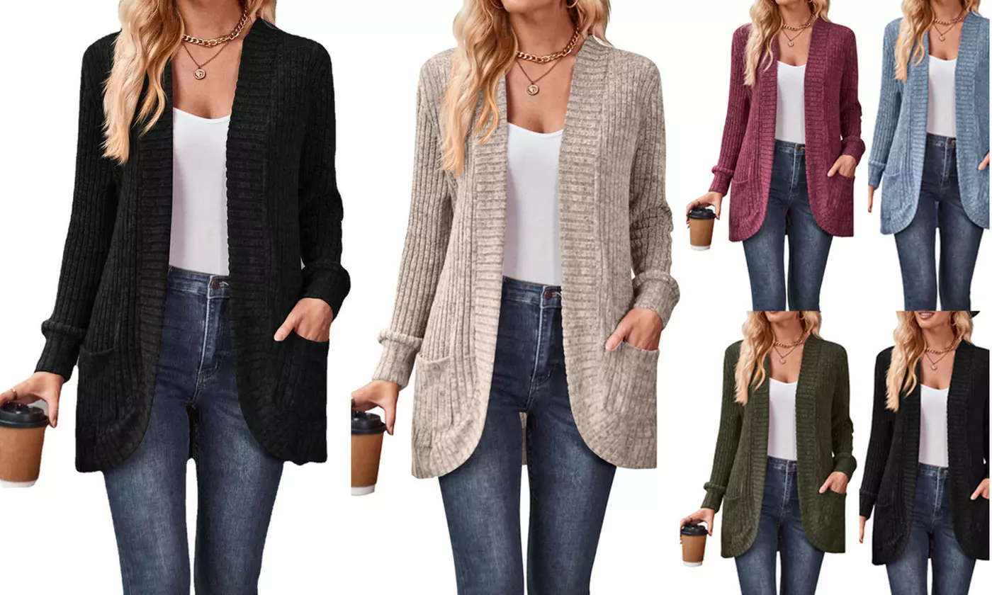 Women's Open Front Curved Hem Ribbed Cardigan with Pockets S-2x - Primary Image