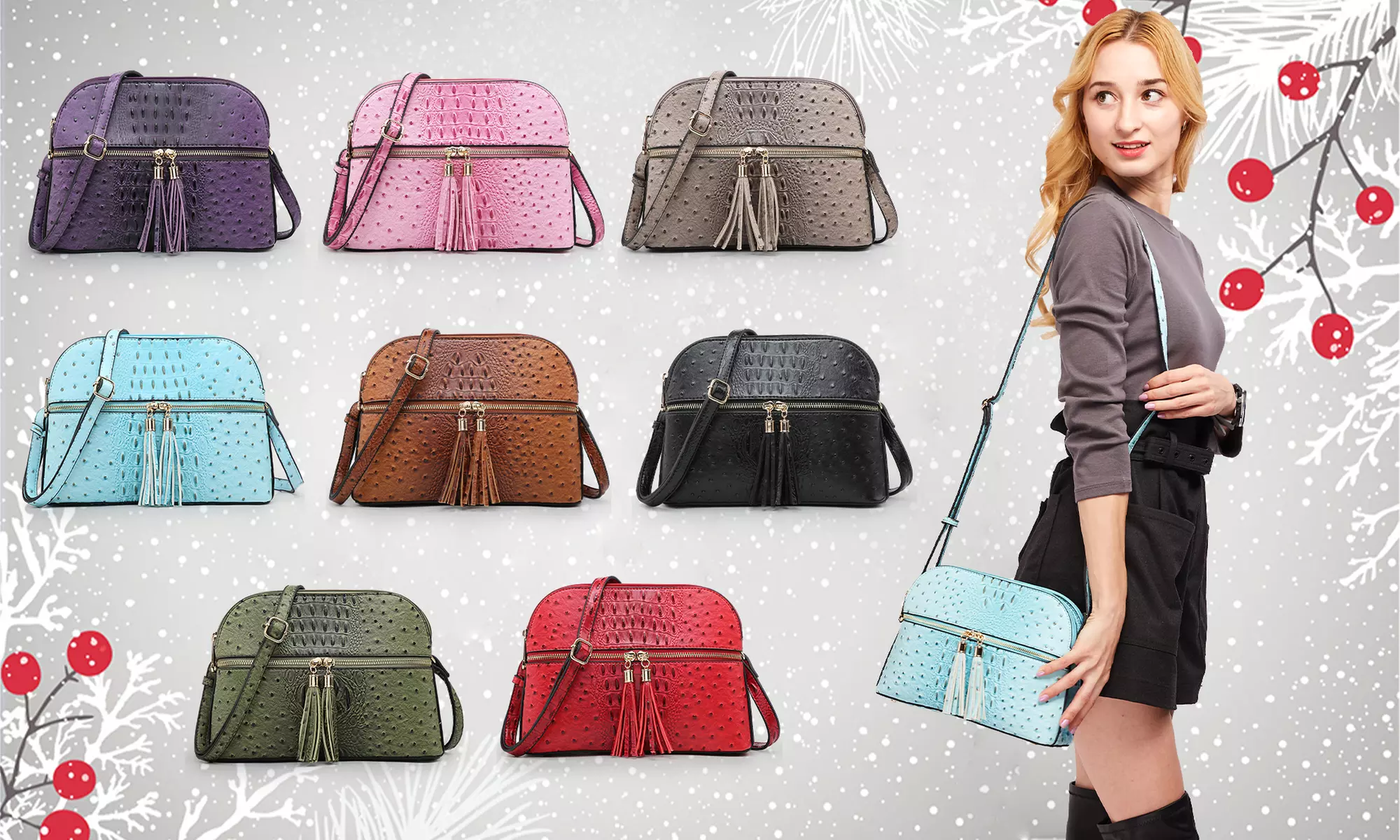 MMKP Collection Jennie Vegan Ostrish Leather Crossbody Crossbody Bag with Tassel - Primary Image