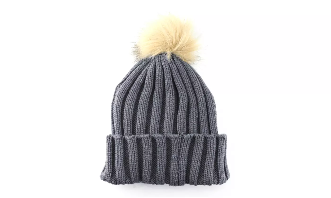 Warm Winter Kids Knitted Skull Cap Faux Fur Pom Beanie