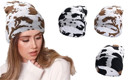 Cute Cow Print Beanie Knitted Hat Thicken Warm Caps For Women And Men One Size Black&Brown