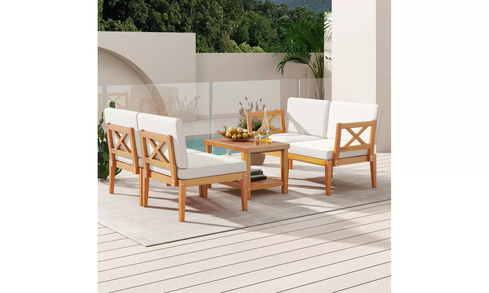 Costway Acacia Wood Patio Furniture Set with Cushions and 2-Tier Coffee Table