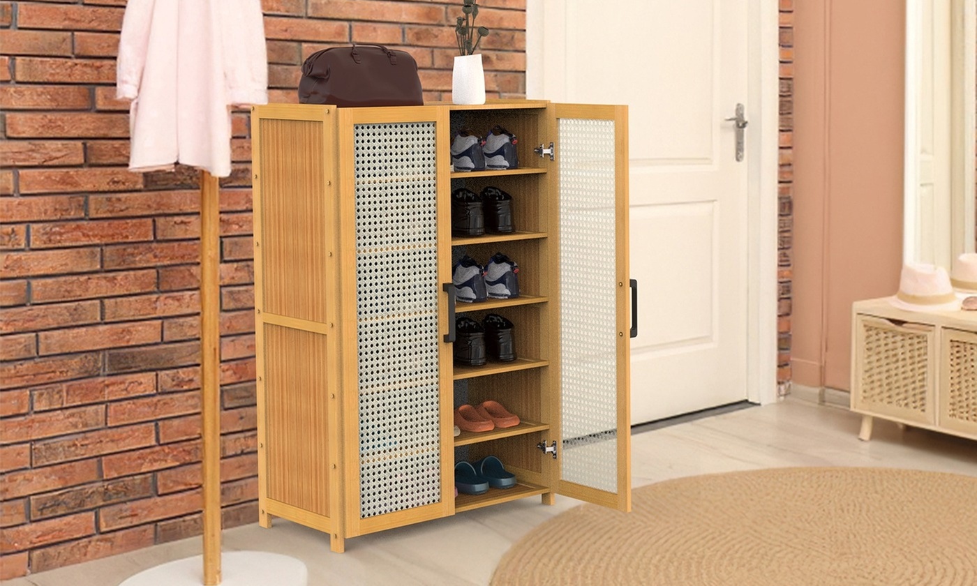 NewHome 6-Tier Shoe Cabinet Freestanding Bamboo Shoe Rack w/ 2 Hollow Doors