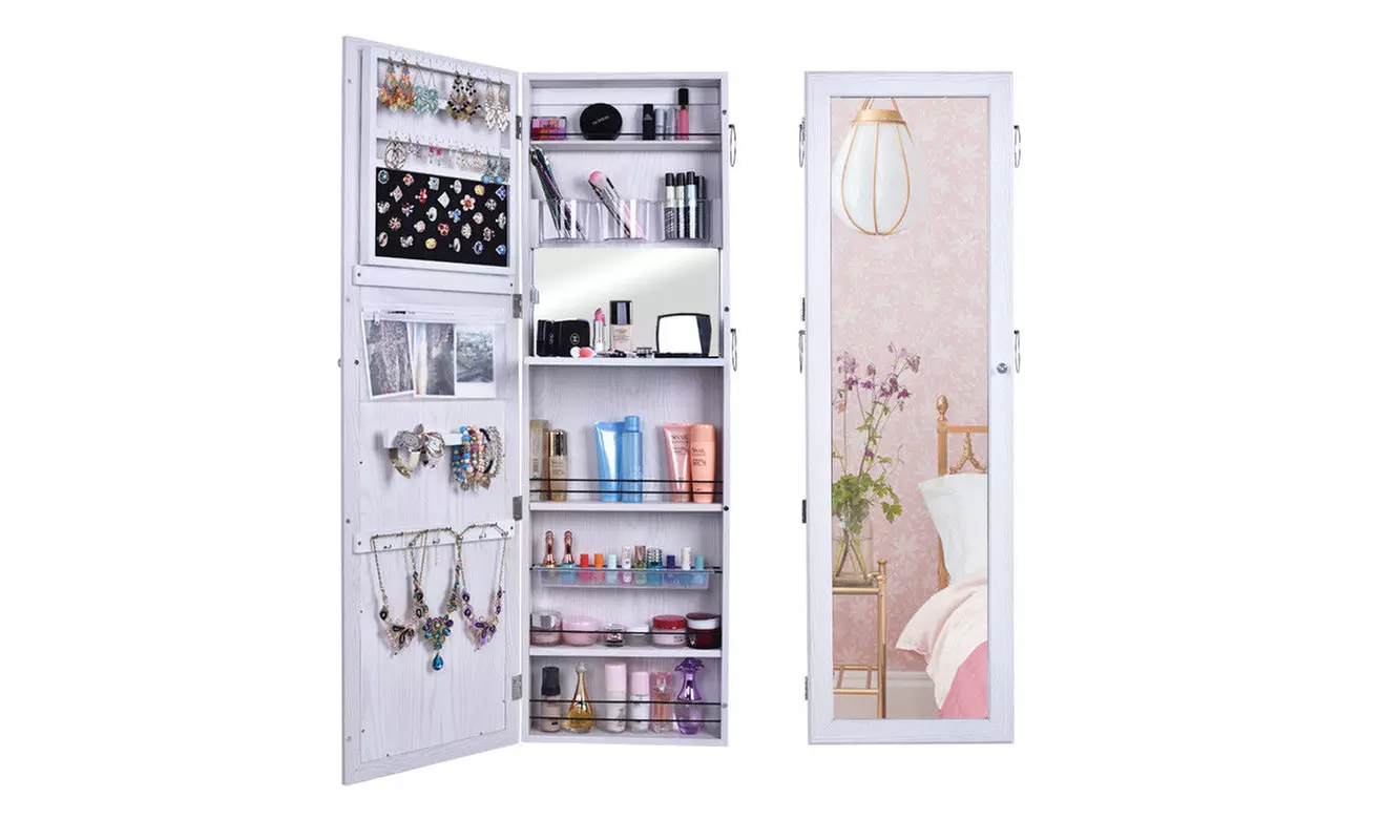 New Lockable Mirrored Jewelry Wall Cabinet  Mirror Hang Organizer Storage Box - Primary Image