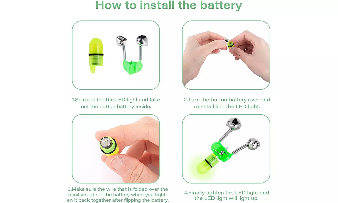20 PCS LED Night Fishing Bite Bait Alarm 2 Bells Light Rod Tip Clip Alert Ring