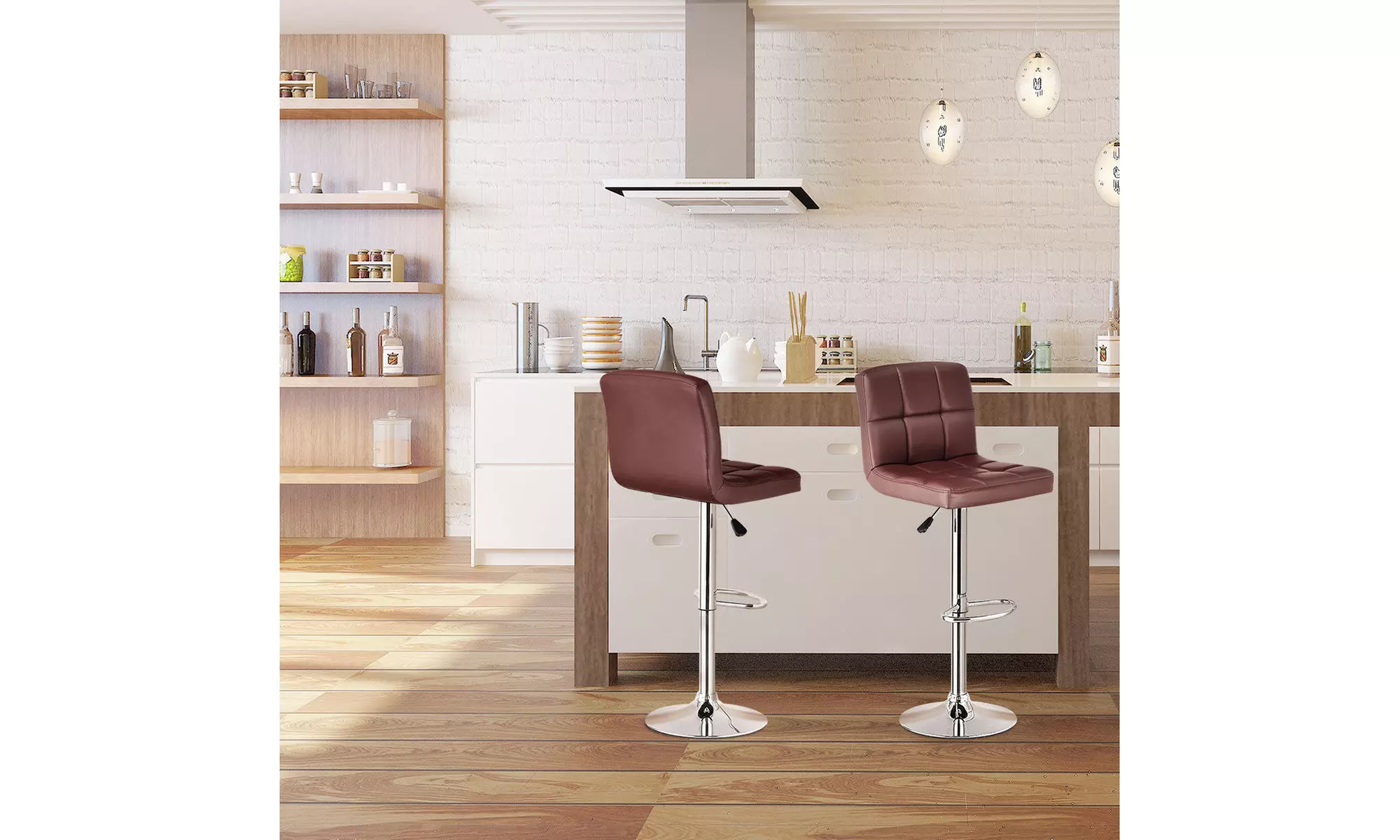 Set Of 2 Bar Stools PU Leather Adjustable Barstool Swivel Pub Chairs Brown - Primary Image