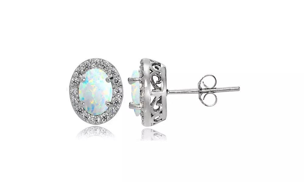 Synthetic White Opal and Topaz Oval Halo Stud Earrings in 925 Sterling Silver