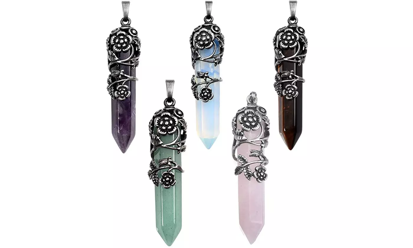Silver Flower Wrapped Hexagonal Pendant Chakra Healing Stone Necklace Jewelry