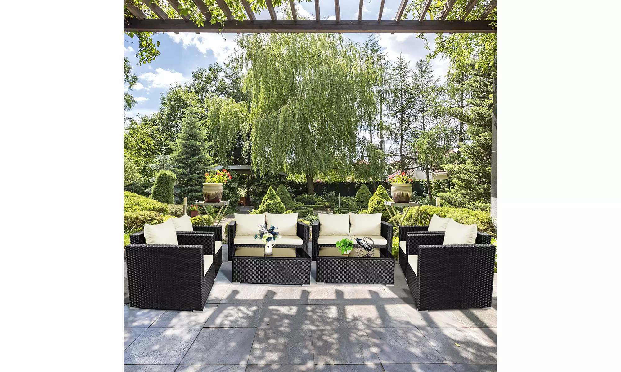 8PCS Patio Rattan Furniture Set Cushioned Sofa Chair Coffee Table Off White - Second Medium