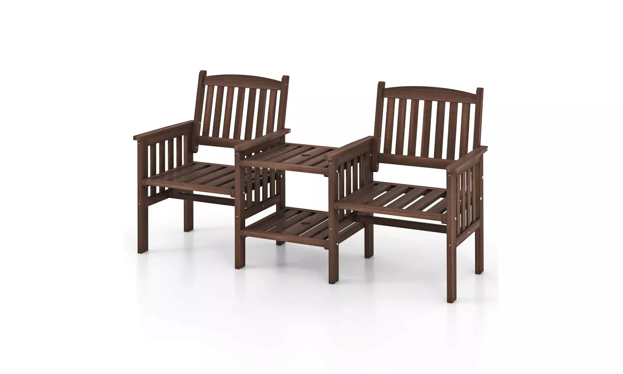Costway Outdoor Fir Wood Loveseat with 2-Tier Side Table and 1.96" Umbrella Hole