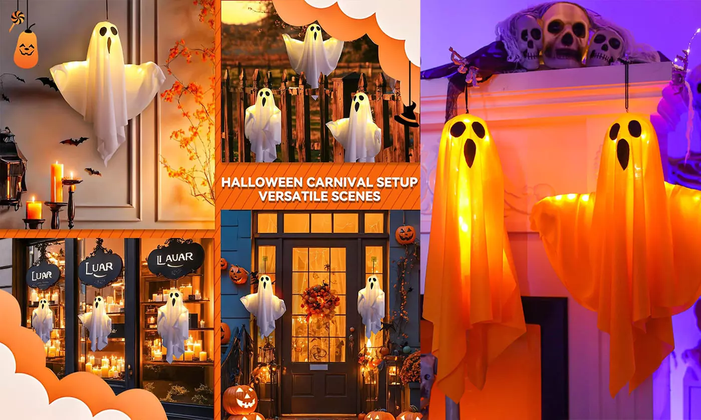 2Pcs Halloween LED Glowing Flying Ghosts, Cute Hanging Ghosts Indoor & Outdoor